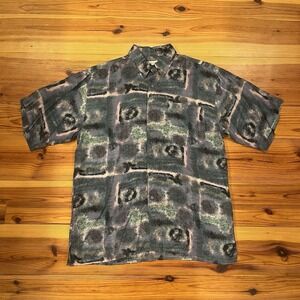 VINTAGE Bogari Shirt Men Lg Silk Button Down 90s blue and Purple Abstract